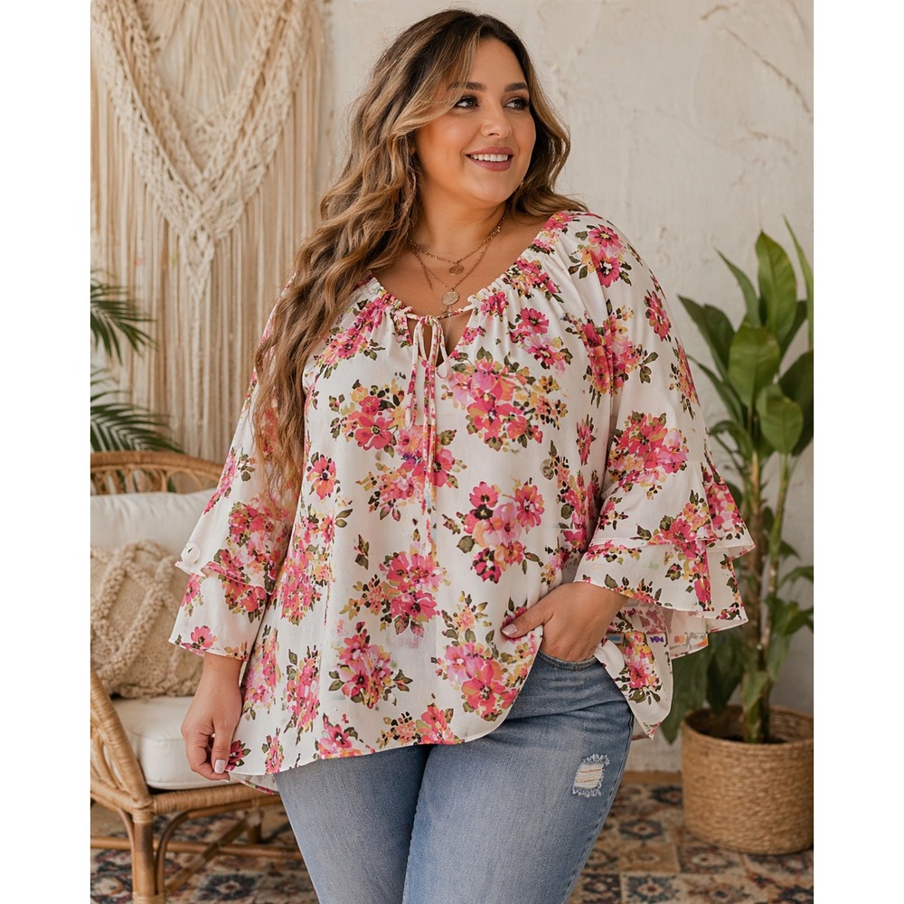Boho Floral Peasant Top Women Plus 1X Bell Sleeve Ruffle Blouse NWT
